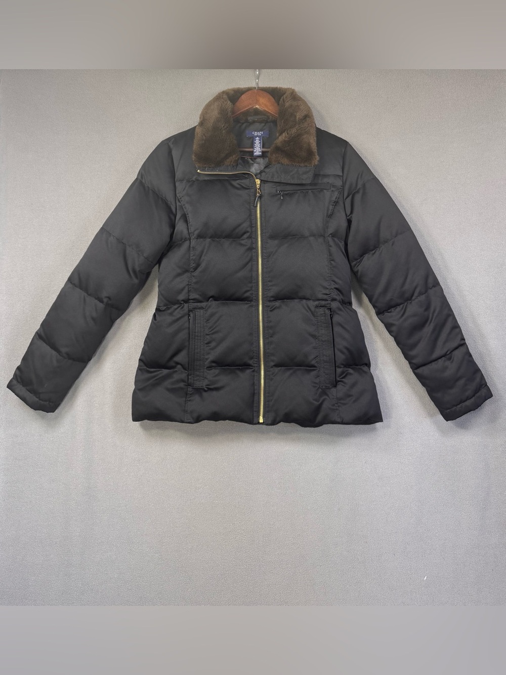Chaps Black Down and Feather Puffer Jacket with Brown Faux Fur Collar, M